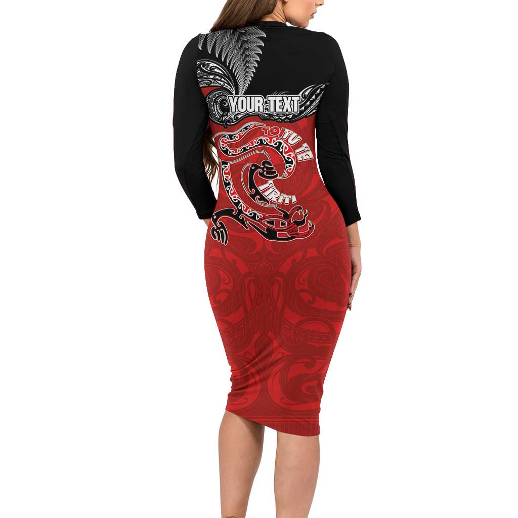 Personalised Aotearoa Toitu Te Tiriti Long Sleeve Bodycon Dress Taniwha Tribal Motifs LT03 - Polynesian Pride