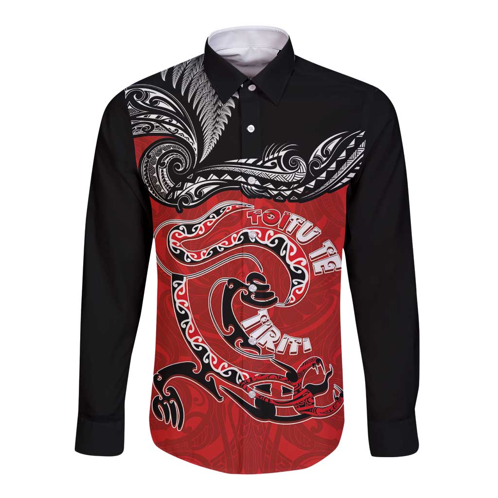 Personalised Aotearoa Toitu Te Tiriti Long Sleeve Button Shirt Taniwha Tribal Motifs
