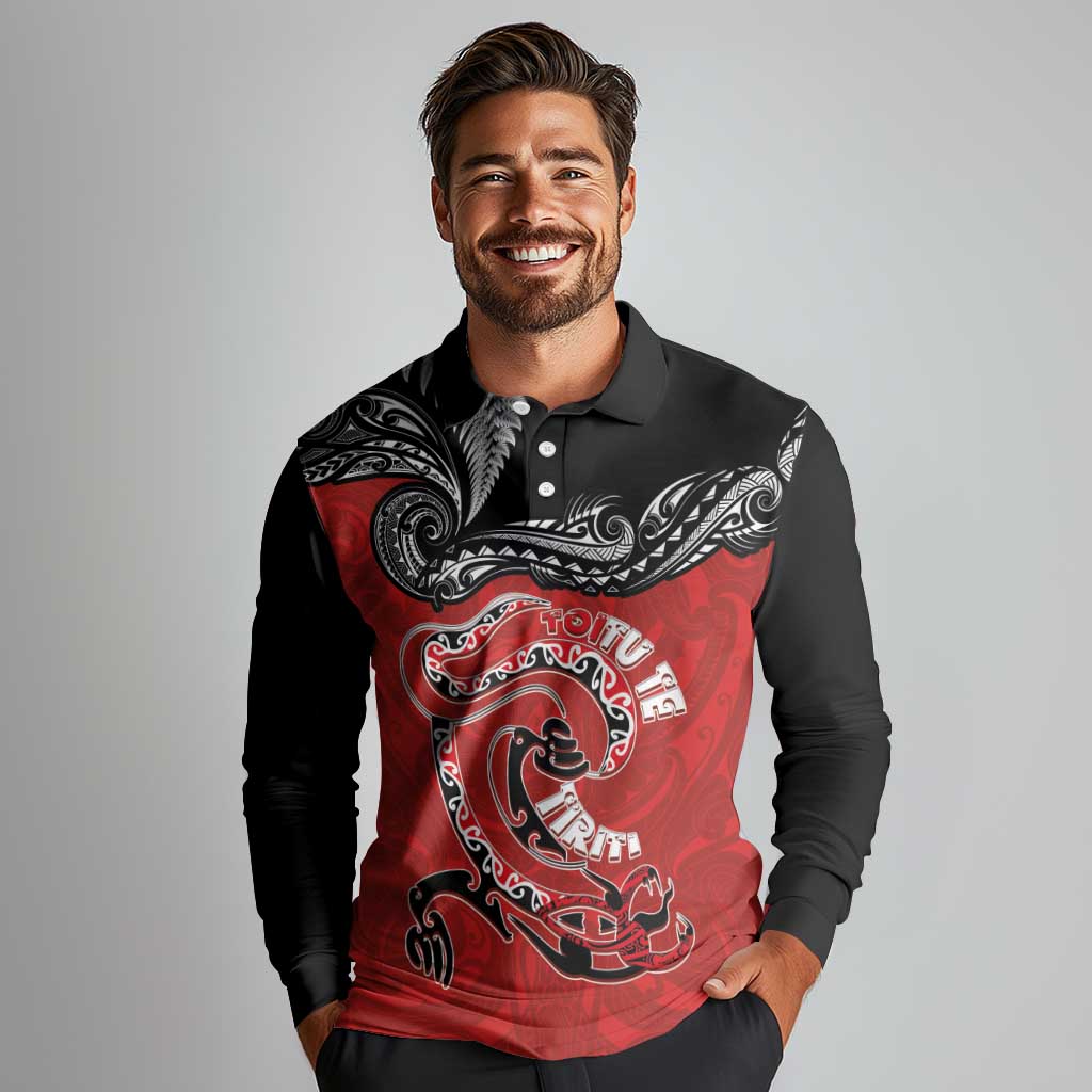 Personalised Aotearoa Toitu Te Tiriti Long Sleeve Polo Shirt Taniwha Tribal Motifs LT03 - Polynesian Pride