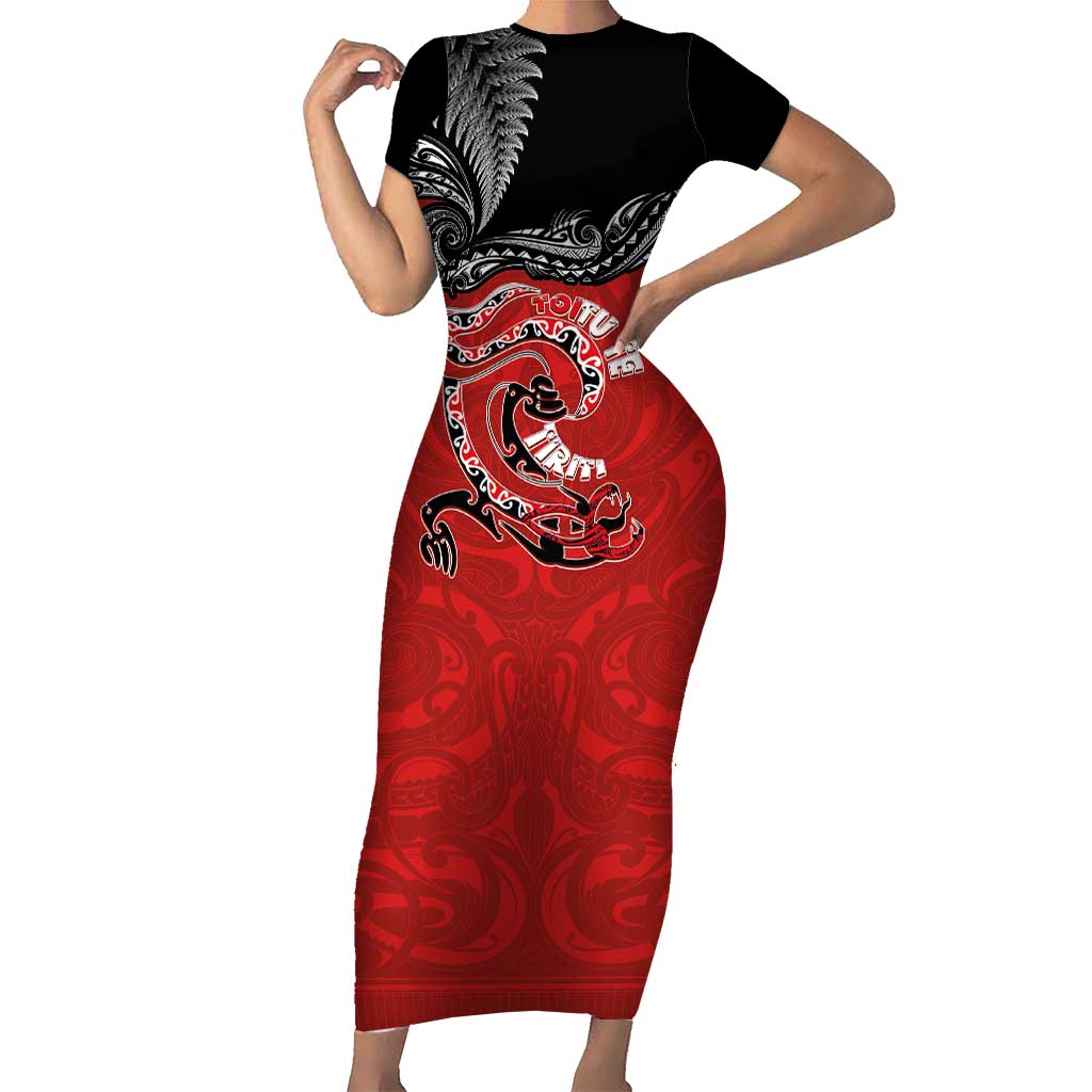Personalised Aotearoa Toitu Te Tiriti Short Sleeve Bodycon Dress Taniwha Tribal Motifs