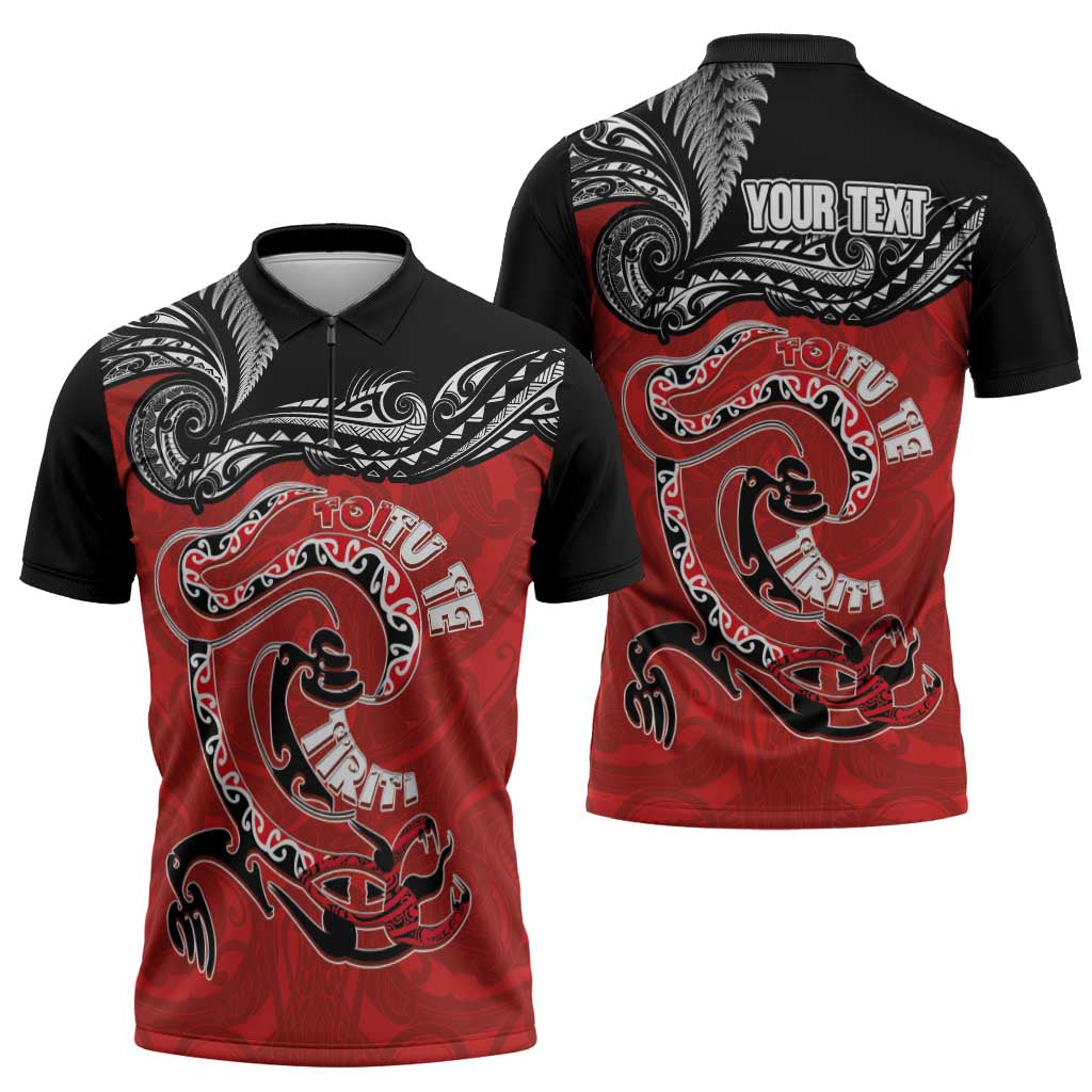 Personalised Aotearoa Toitu Te Tiriti Zipper Polo Shirt Taniwha Tribal Motifs LT03 - Polynesian Pride