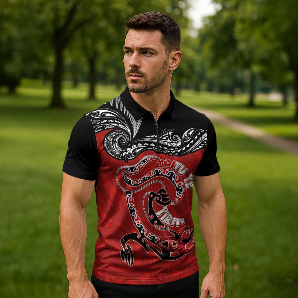 Personalised Aotearoa Toitu Te Tiriti Zipper Polo Shirt Taniwha Tribal Motifs LT03 - Polynesian Pride