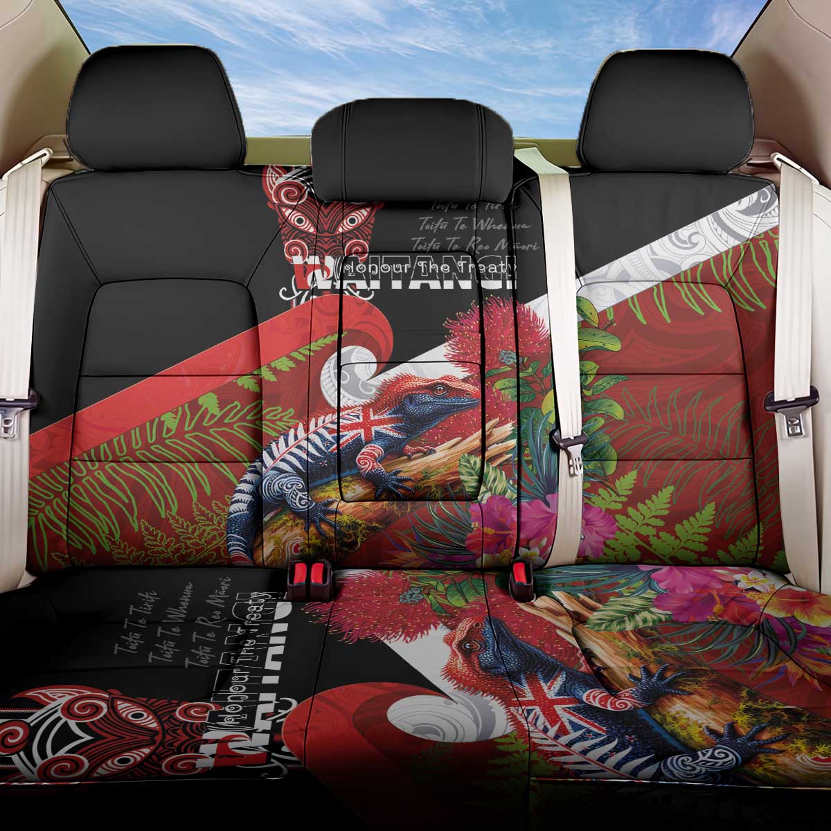 Aotearoa Toitu Te Tiriti Back Car Seat Cover Waitangi-Honour The Treaty NZ Tuatara and Plants LT03 One Size Multicolor - Polynesian Pride