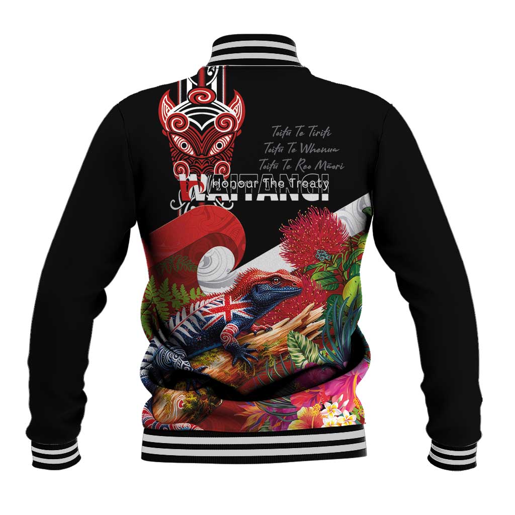 Aotearoa Toitu Te Tiriti Baseball Jacket Waitangi-Honour The Treaty NZ Tuatara and Plants