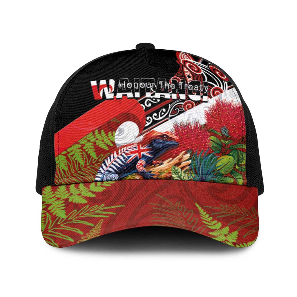 Aotearoa Toitu Te Tiriti Baseball Net Cap Waitangi-Honour The Treaty NZ Tuatara and Plants