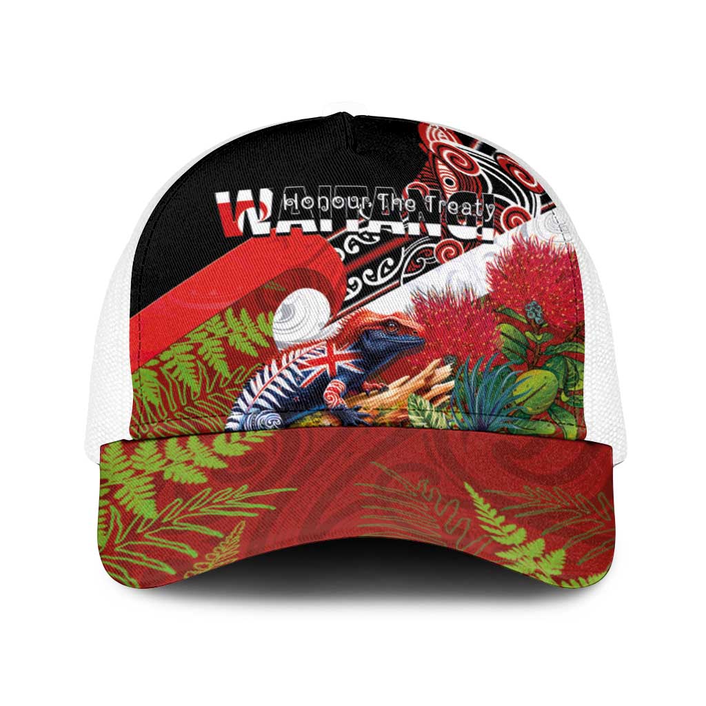 Aotearoa Toitu Te Tiriti Baseball Net Cap Waitangi-Honour The Treaty NZ Tuatara and Plants