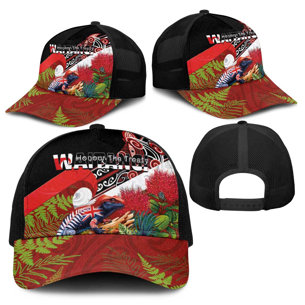 Aotearoa Toitu Te Tiriti Baseball Net Cap Waitangi-Honour The Treaty NZ Tuatara and Plants