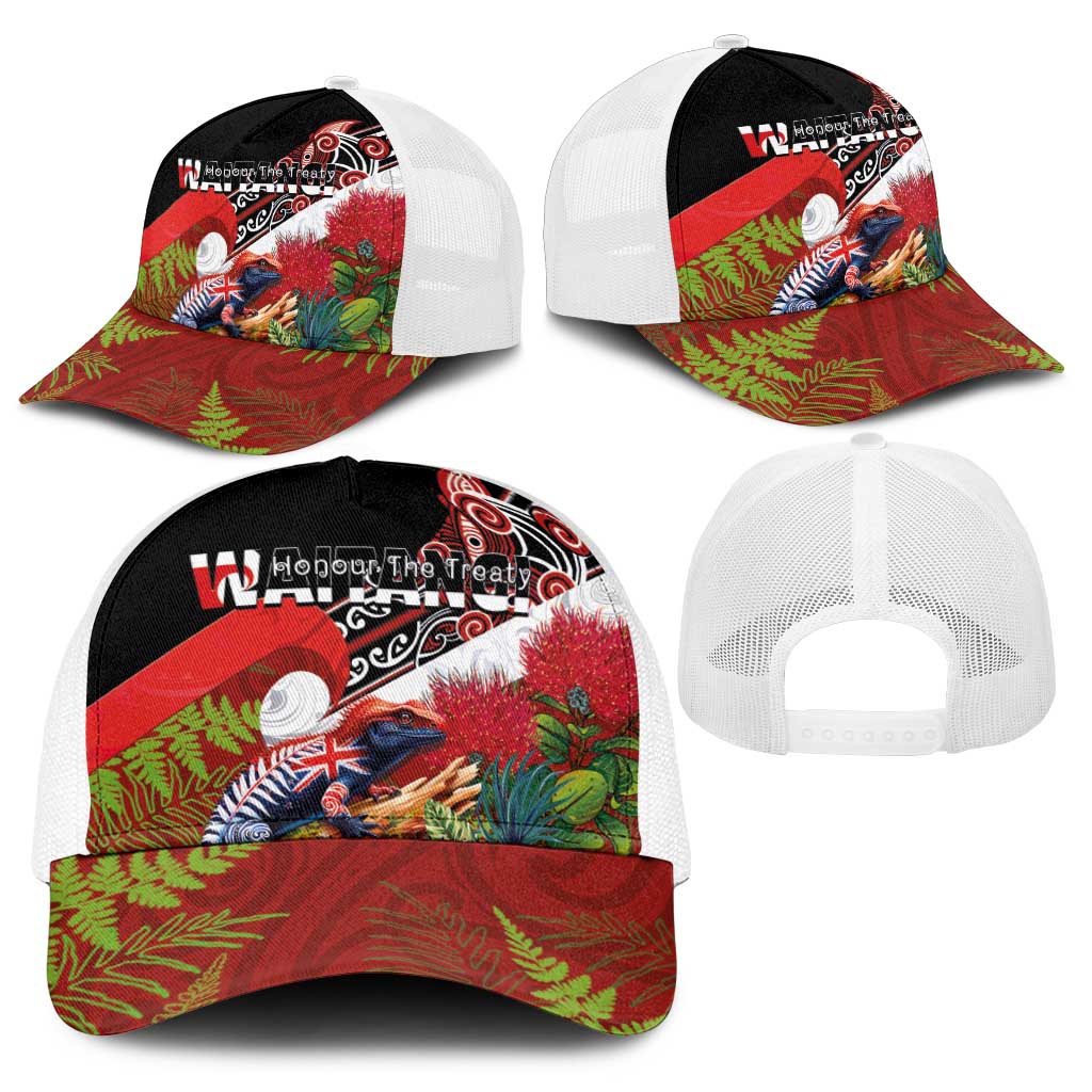 Aotearoa Toitu Te Tiriti Baseball Net Cap Waitangi-Honour The Treaty NZ Tuatara and Plants