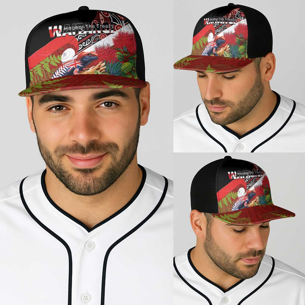 Aotearoa Toitu Te Tiriti Baseball Net Cap Waitangi-Honour The Treaty NZ Tuatara and Plants