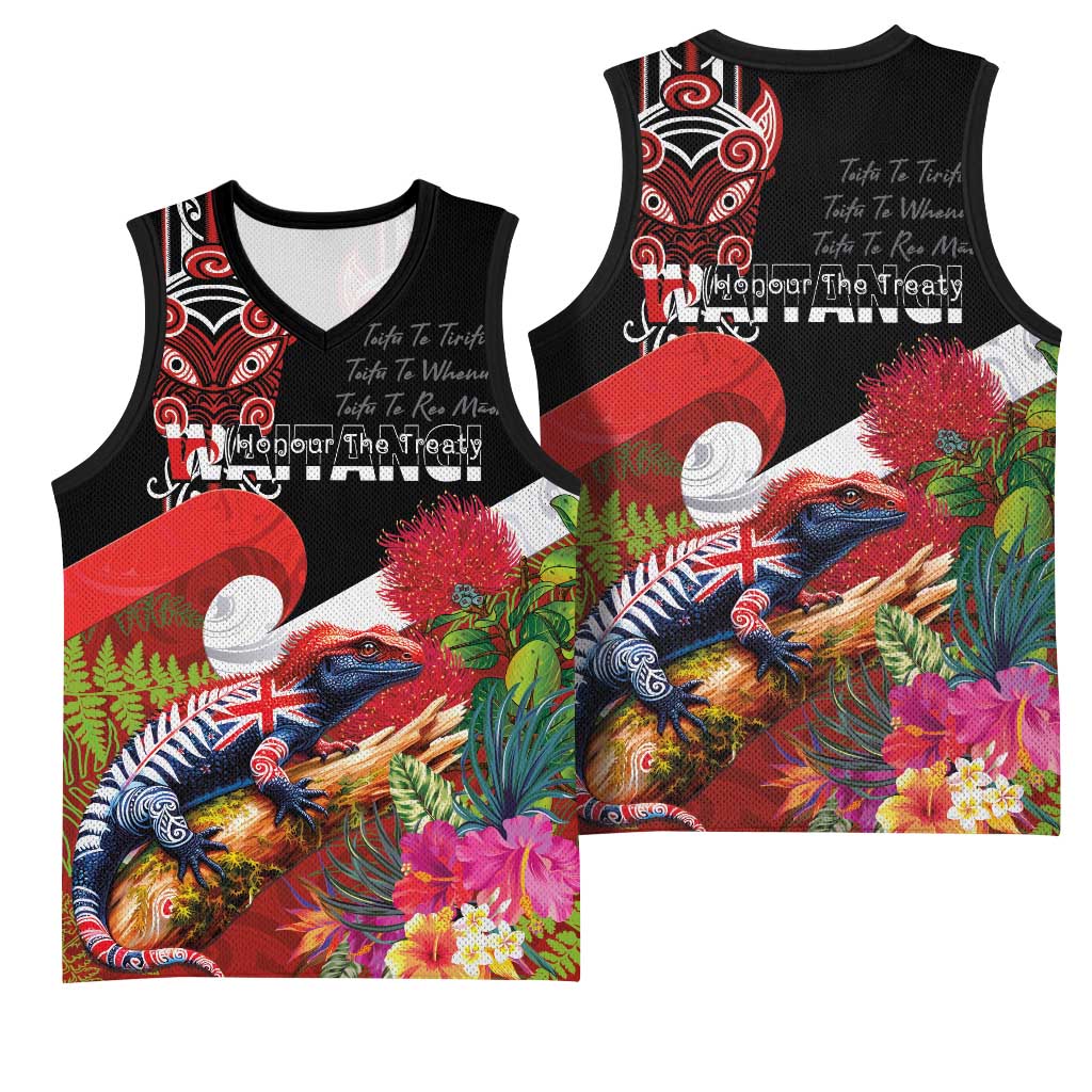 Aotearoa Toitu Te Tiriti Basketball Jersey Waitangi-Honour The Treaty NZ Tuatara and Plants LT03 - Polynesian Pride