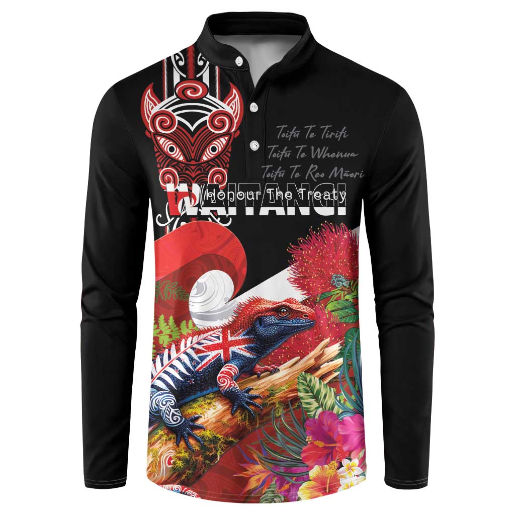 Aotearoa Toitu Te Tiriti Button Sweatshirt Waitangi-Honour The Treaty NZ Tuatara and Plants