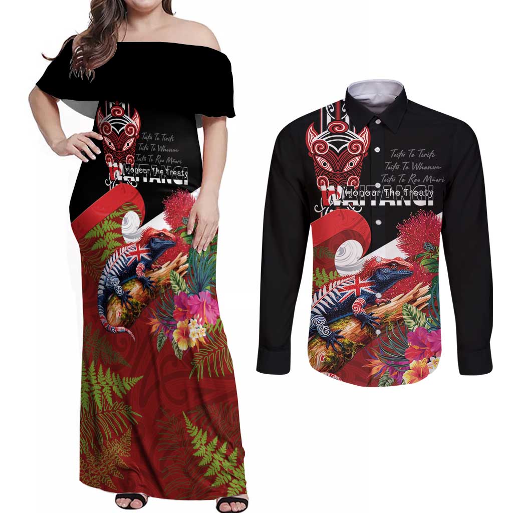 Aotearoa Toitu Te Tiriti Couples Matching Off Shoulder Maxi Dress and Long Sleeve Button Shirt Waitangi-Honour The Treaty NZ Tuatara and Plants LT03 Multicolor - Polynesian Pride