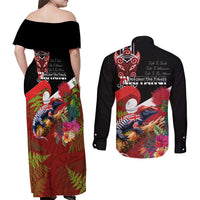 Aotearoa Toitu Te Tiriti Couples Matching Off Shoulder Maxi Dress and Long Sleeve Button Shirt Waitangi-Honour The Treaty NZ Tuatara and Plants LT03 - Polynesian Pride