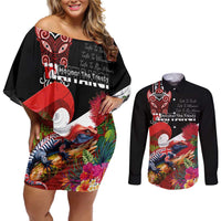 Aotearoa Toitu Te Tiriti Couples Matching Off Shoulder Short Dress and Long Sleeve Button Shirt Waitangi-Honour The Treaty NZ Tuatara and Plants LT03 Multicolor - Polynesian Pride