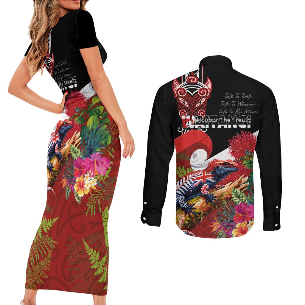 Aotearoa Toitu Te Tiriti Couples Matching Short Sleeve Bodycon Dress and Long Sleeve Button Shirt Waitangi-Honour The Treaty NZ Tuatara and Plants LT03 - Polynesian Pride