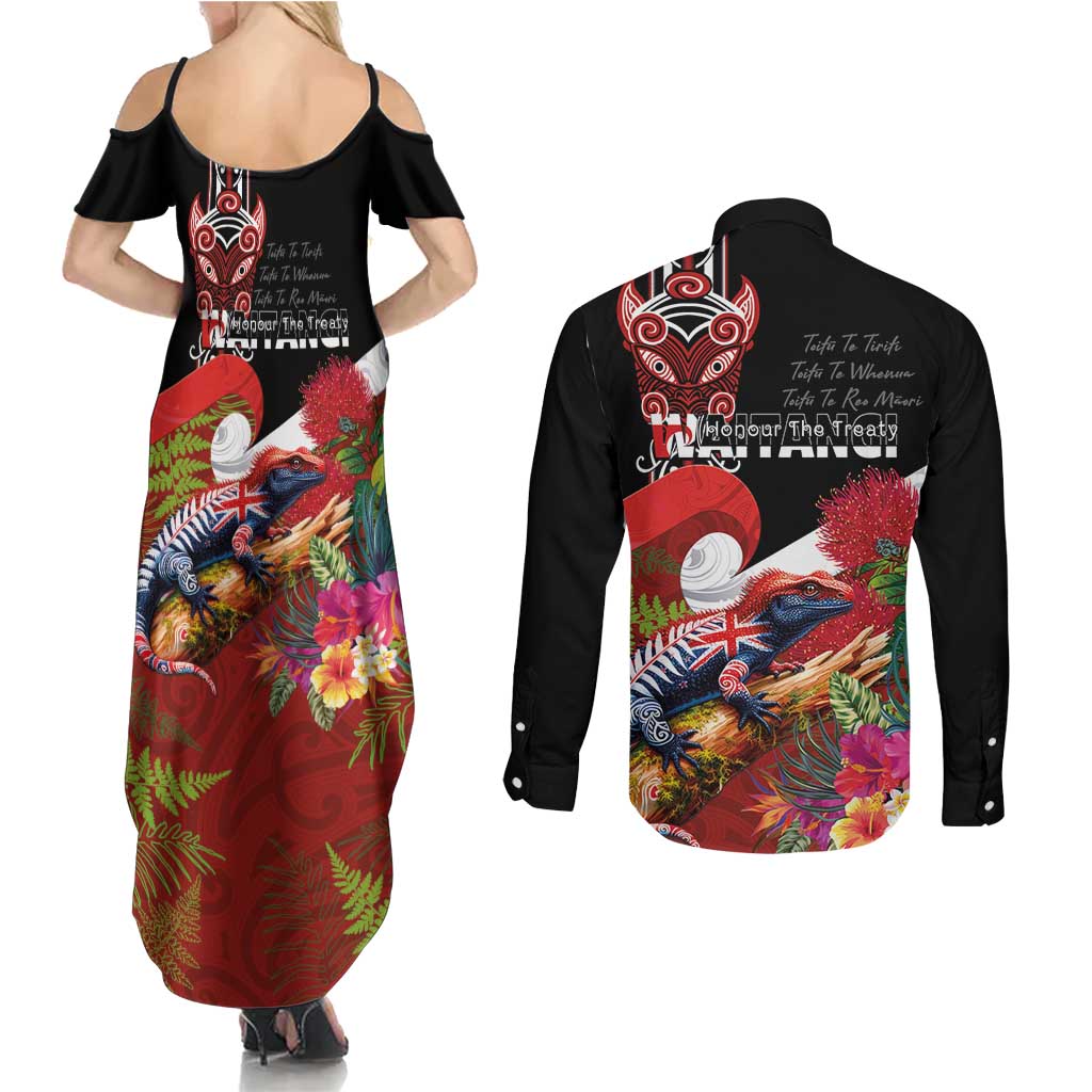 Aotearoa Toitu Te Tiriti Couples Matching Summer Maxi Dress and Long Sleeve Button Shirt Waitangi-Honour The Treaty NZ Tuatara and Plants LT03 - Polynesian Pride