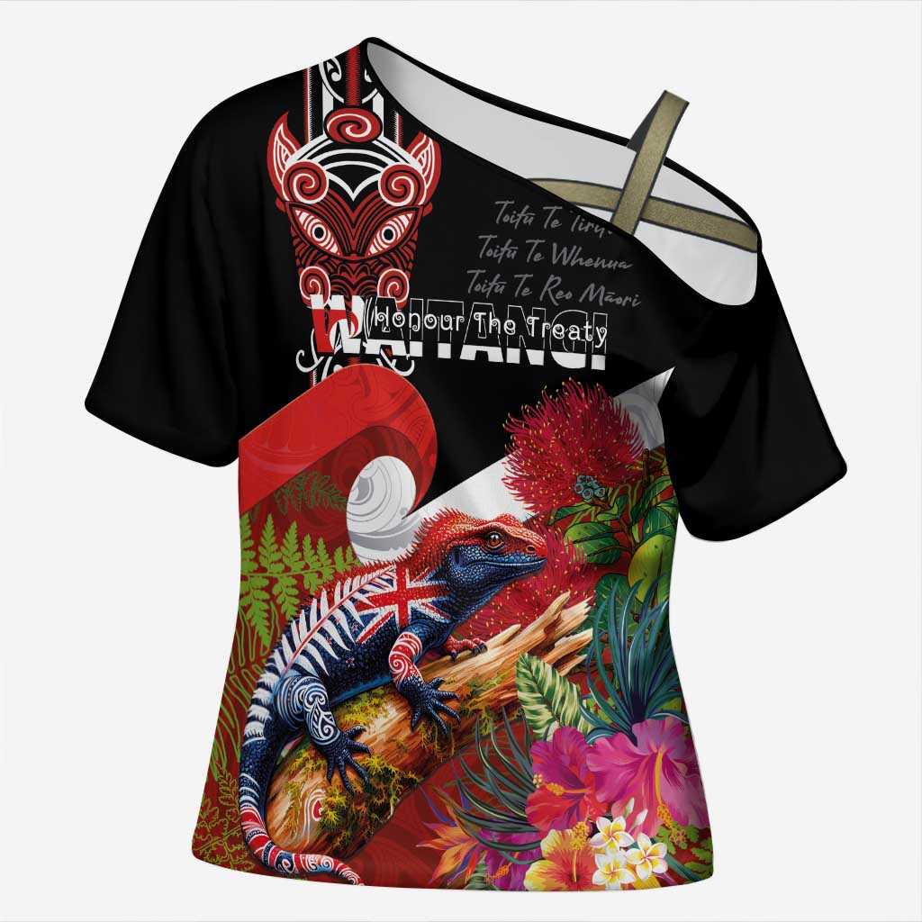 Aotearoa Toitu Te Tiriti Cross Shoulder Shirt Waitangi-Honour The Treaty NZ Tuatara and Plants LT03 Female Multicolor - Polynesian Pride