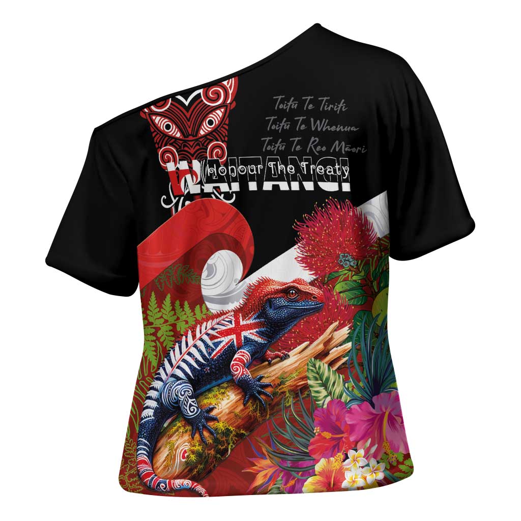 Aotearoa Toitu Te Tiriti Cross Shoulder Shirt Waitangi-Honour The Treaty NZ Tuatara and Plants LT03 - Polynesian Pride