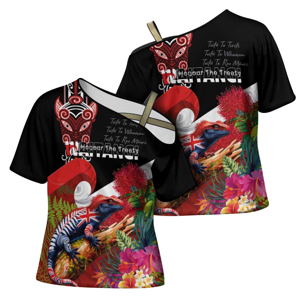 Aotearoa Toitu Te Tiriti Cross Shoulder Shirt Waitangi-Honour The Treaty NZ Tuatara and Plants LT03 - Polynesian Pride