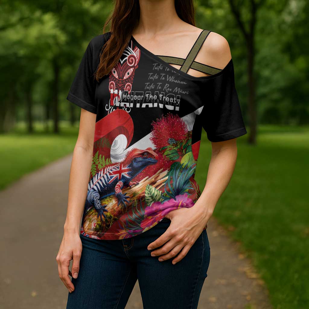 Aotearoa Toitu Te Tiriti Cross Shoulder Shirt Waitangi-Honour The Treaty NZ Tuatara and Plants LT03 - Polynesian Pride