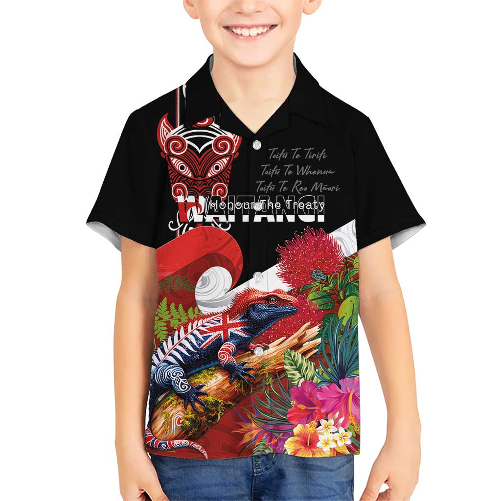 Aotearoa Toitu Te Tiriti Family Matching Off The Shoulder Long Sleeve Dress and Hawaiian Shirt Waitangi-Honour The Treaty NZ Tuatara and Plants LT03 Son's Shirt Multicolor - Polynesian Pride
