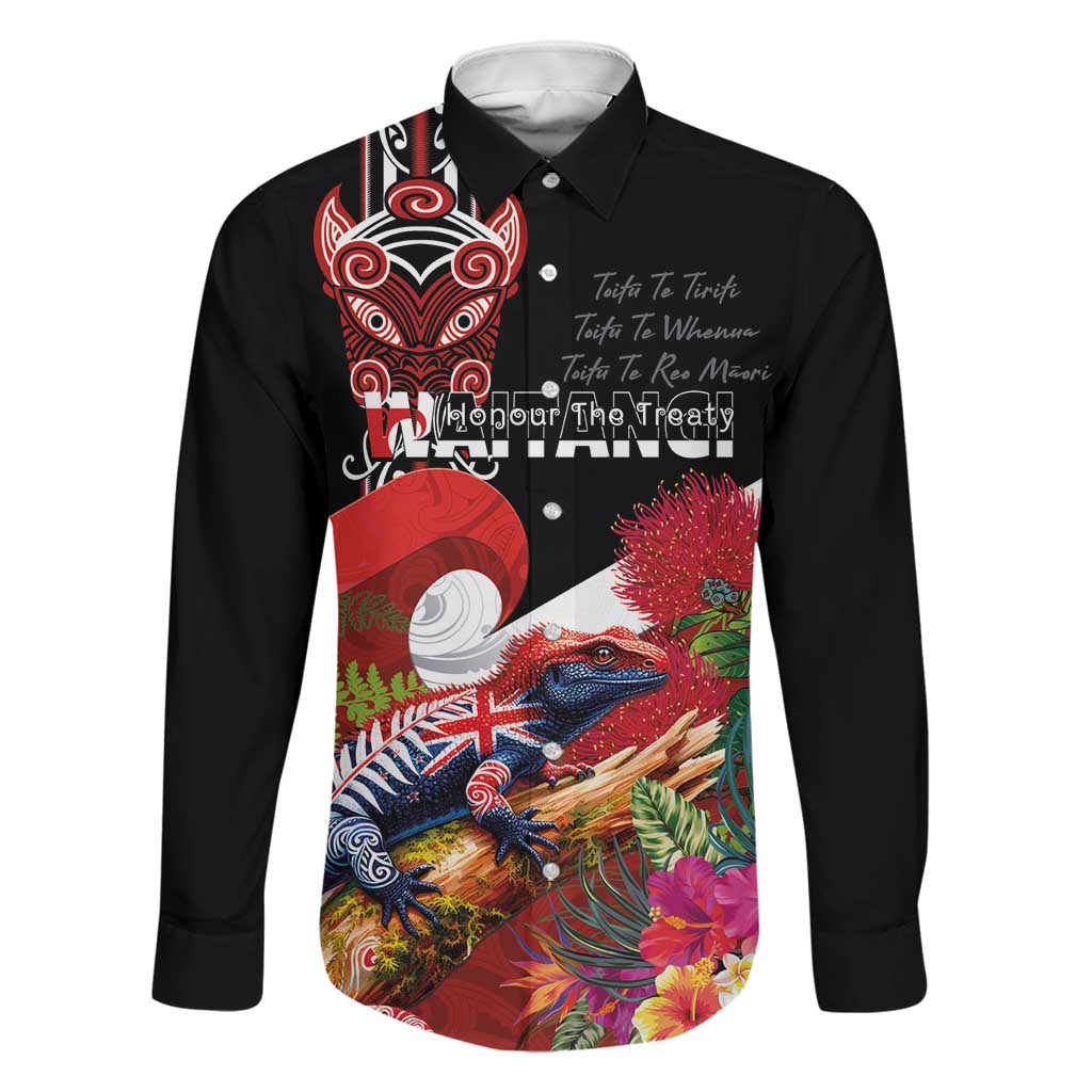 Aotearoa Toitu Te Tiriti Family Matching Off Shoulder Maxi Dress and Hawaiian Shirt Waitangi-Honour The Treaty NZ Tuatara and Plants LT03 Dad's Shirt - Long Sleeve Multicolor - Polynesian Pride