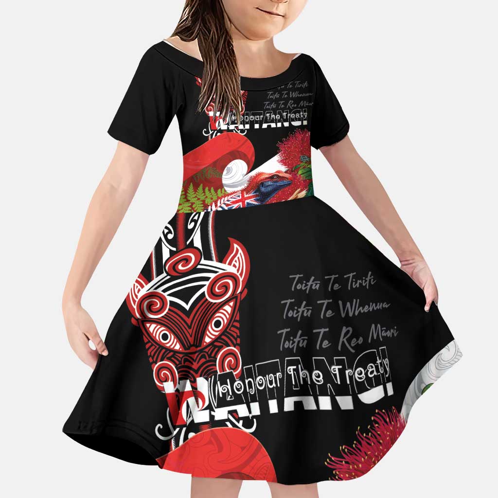Aotearoa Toitu Te Tiriti Family Matching Off Shoulder Short Dress and Hawaiian Shirt Waitangi-Honour The Treaty NZ Tuatara and Plants LT03 Daughter's Dress Multicolor - Polynesian Pride