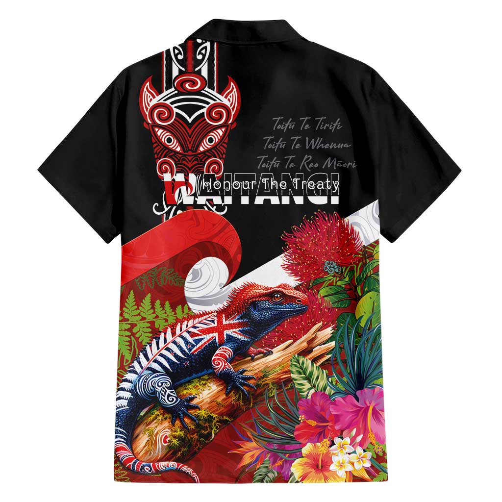 Aotearoa Toitu Te Tiriti Family Matching Off Shoulder Short Dress and Hawaiian Shirt Waitangi-Honour The Treaty NZ Tuatara and Plants LT03 - Polynesian Pride