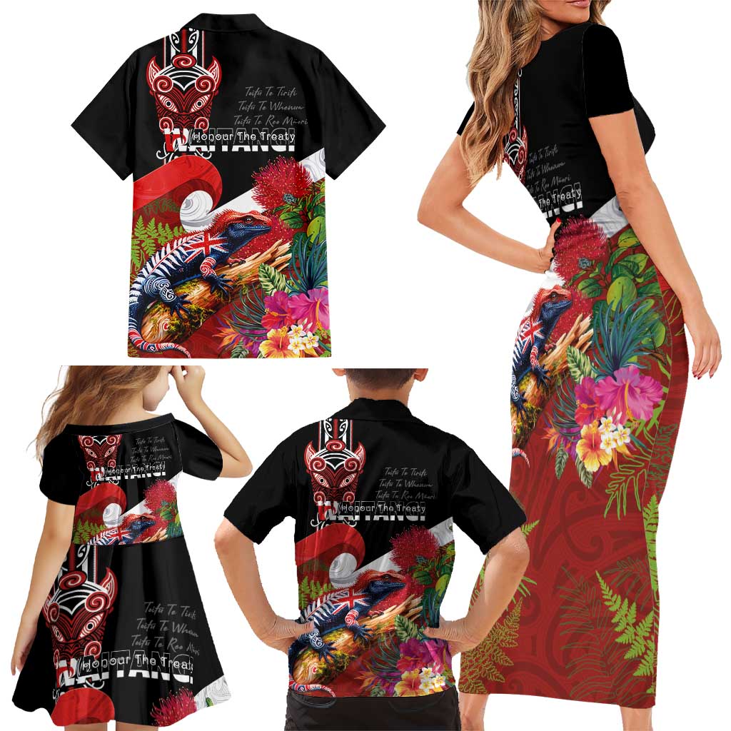 Aotearoa Toitu Te Tiriti Family Matching Short Sleeve Bodycon Dress and Hawaiian Shirt Waitangi-Honour The Treaty NZ Tuatara and Plants LT03 - Polynesian Pride