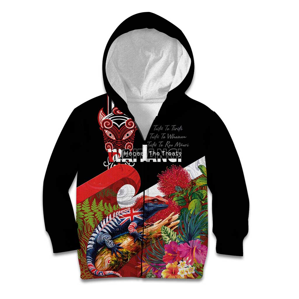 Aotearoa Toitu Te Tiriti Kid Hoodie Waitangi-Honour The Treaty NZ Tuatara and Plants LT03 Zip Hoodie Multicolor - Polynesian Pride