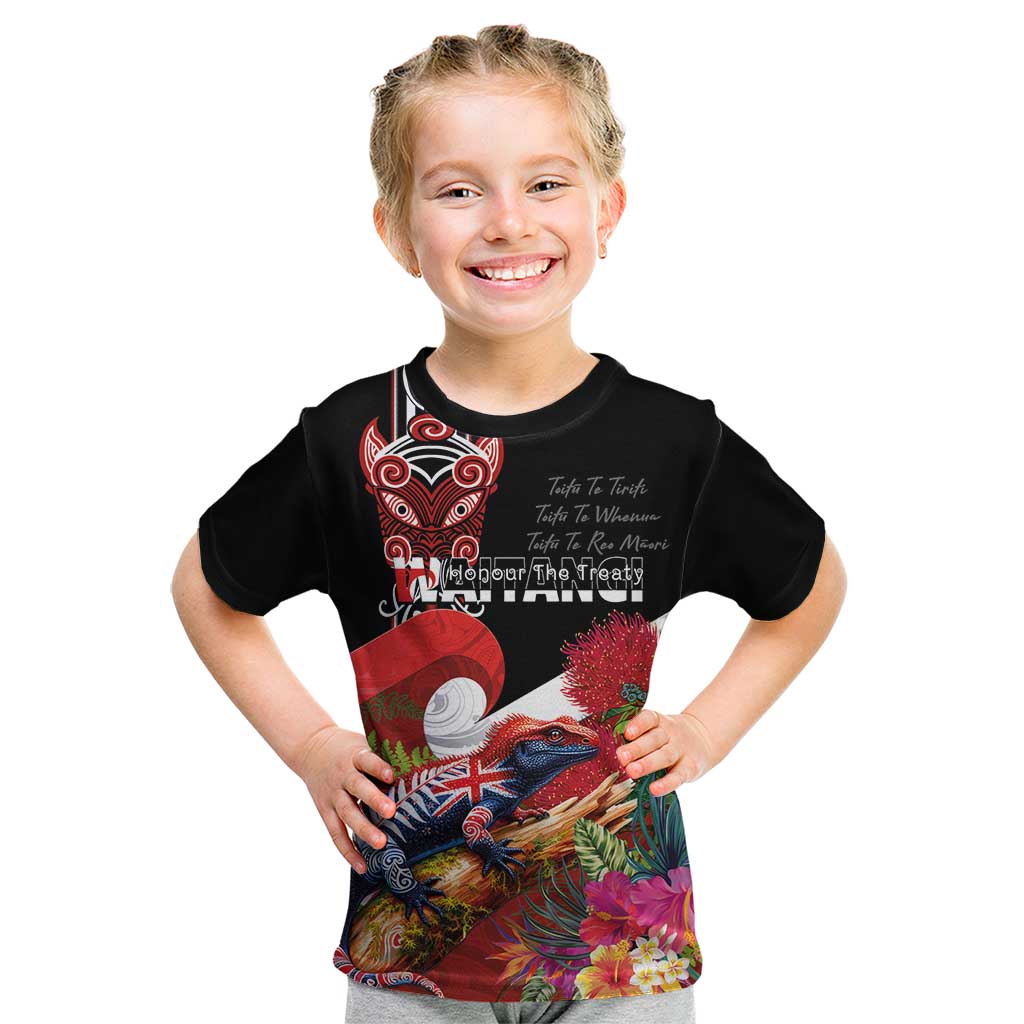 Aotearoa Toitu Te Tiriti Kid T Shirt Waitangi-Honour The Treaty NZ Tuatara and Plants LT03 Multicolor - Polynesian Pride