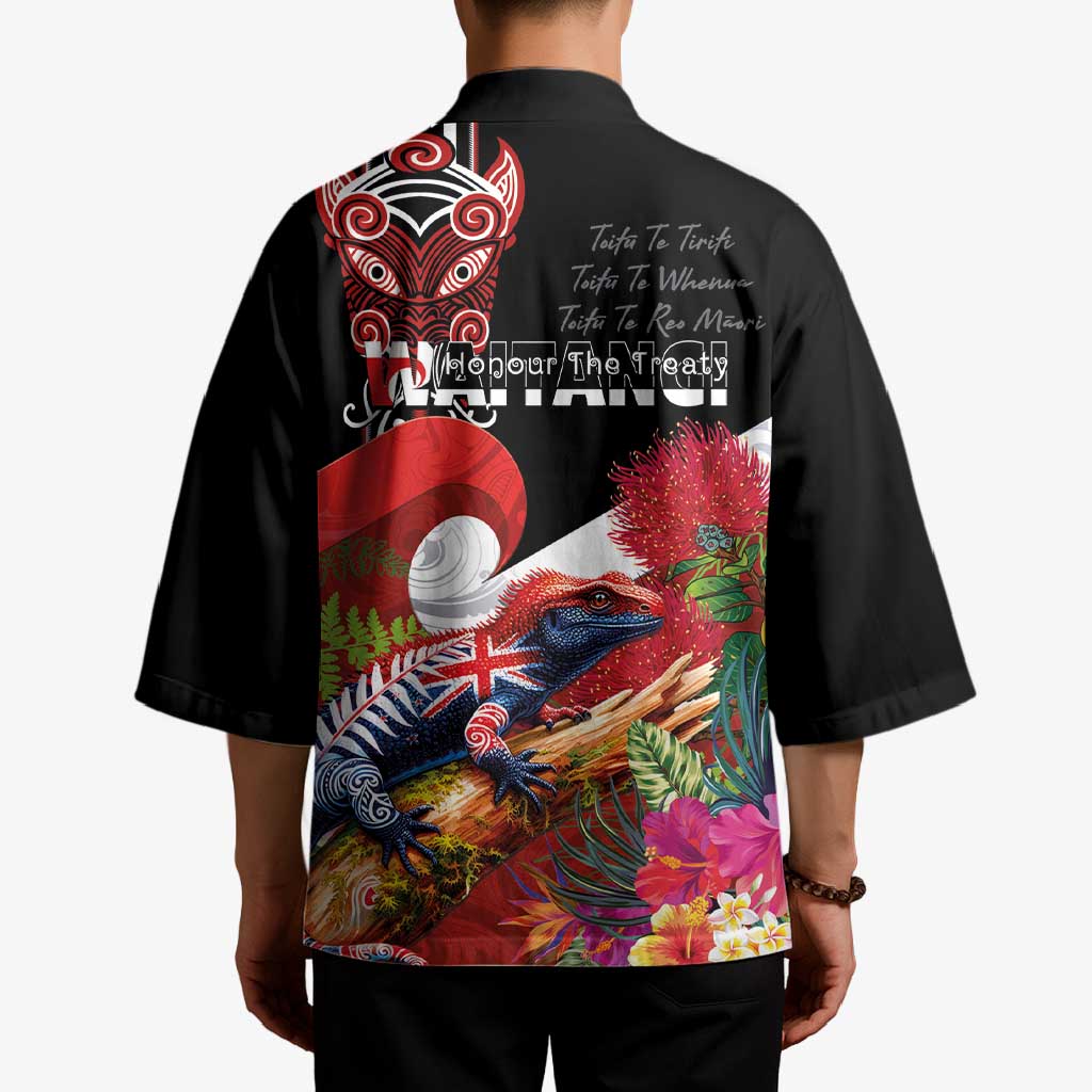Aotearoa Toitu Te Tiriti Kimono Waitangi-Honour The Treaty NZ Tuatara and Plants LT03 - Polynesian Pride