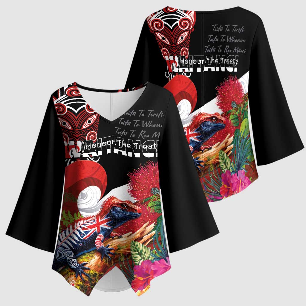 Aotearoa Toitu Te Tiriti Kimono Sleeve Blouse Waitangi-Honour The Treaty NZ Tuatara and Plants LT03 - Polynesian Pride