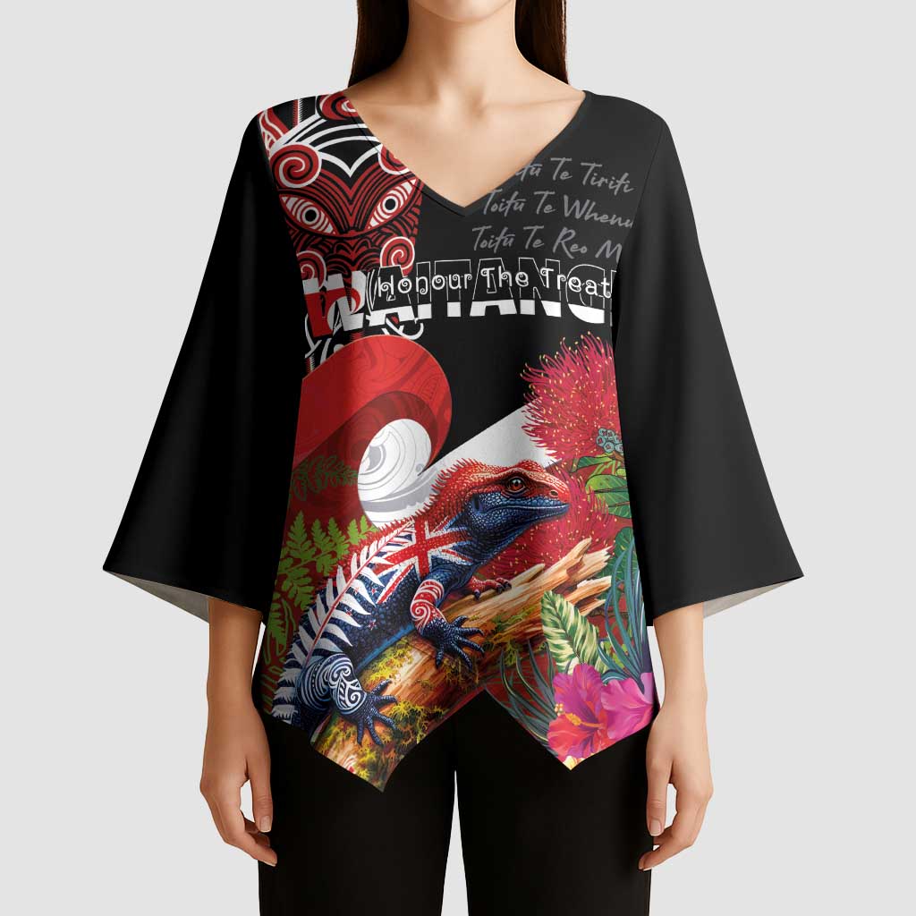 Aotearoa Toitu Te Tiriti Kimono Sleeve Blouse Waitangi-Honour The Treaty NZ Tuatara and Plants LT03 - Polynesian Pride