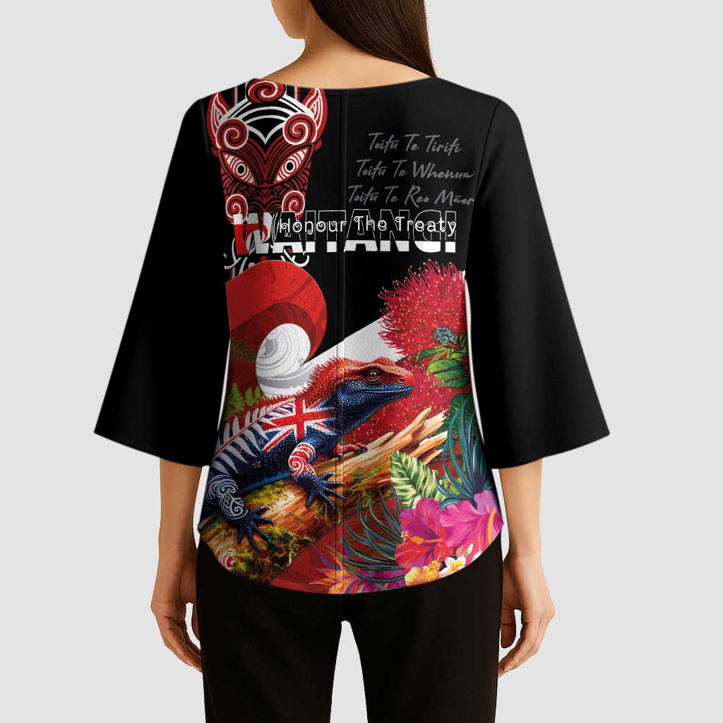 Aotearoa Toitu Te Tiriti Kimono Sleeve Blouse Waitangi-Honour The Treaty NZ Tuatara and Plants LT03 - Polynesian Pride