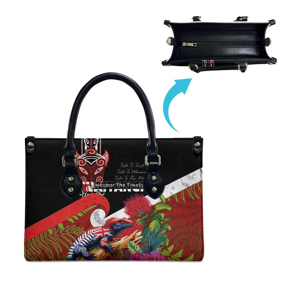 Aotearoa Toitu Te Tiriti Leather Bag Waitangi-Honour The Treaty NZ Tuatara and Plants LT03 - Polynesian Pride