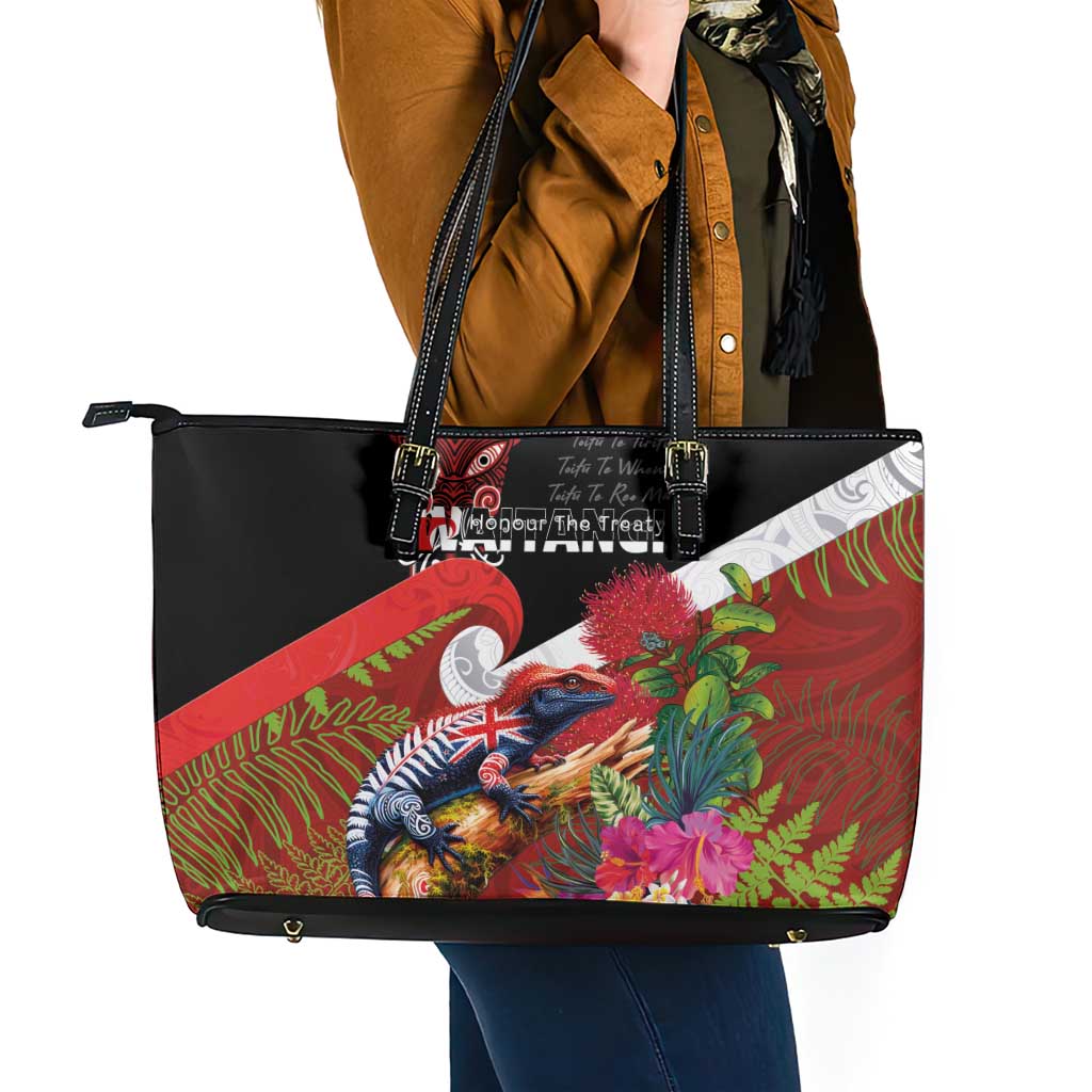 Aotearoa Toitu Te Tiriti Leather Tote Bag Waitangi-Honour The Treaty NZ Tuatara and Plants LT03 - Polynesian Pride