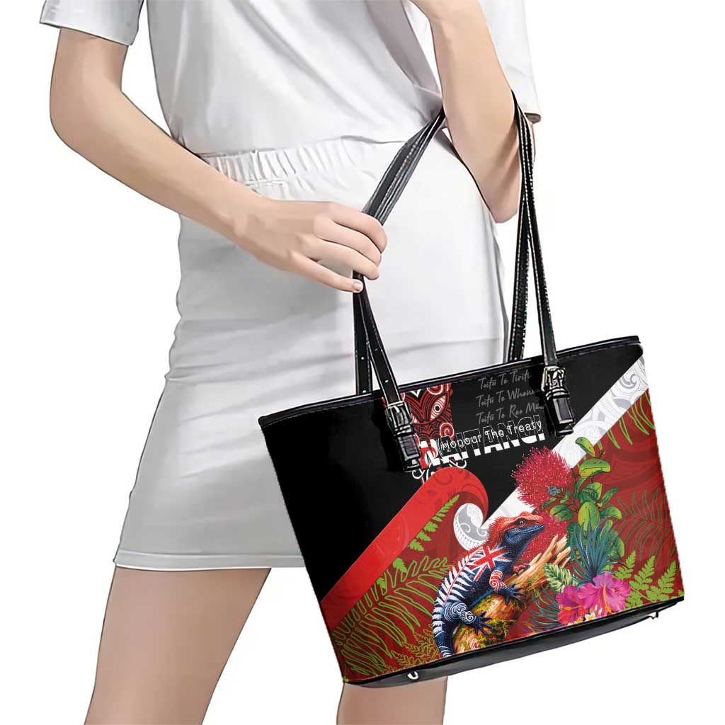 Aotearoa Toitu Te Tiriti Leather Tote Bag Waitangi-Honour The Treaty NZ Tuatara and Plants LT03 - Polynesian Pride