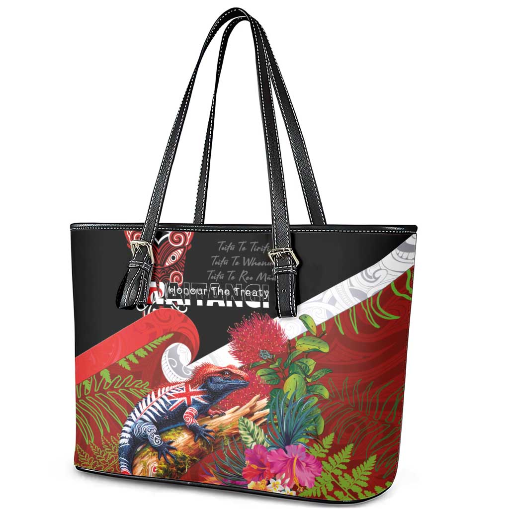 Aotearoa Toitu Te Tiriti Leather Tote Bag Waitangi-Honour The Treaty NZ Tuatara and Plants LT03 - Polynesian Pride