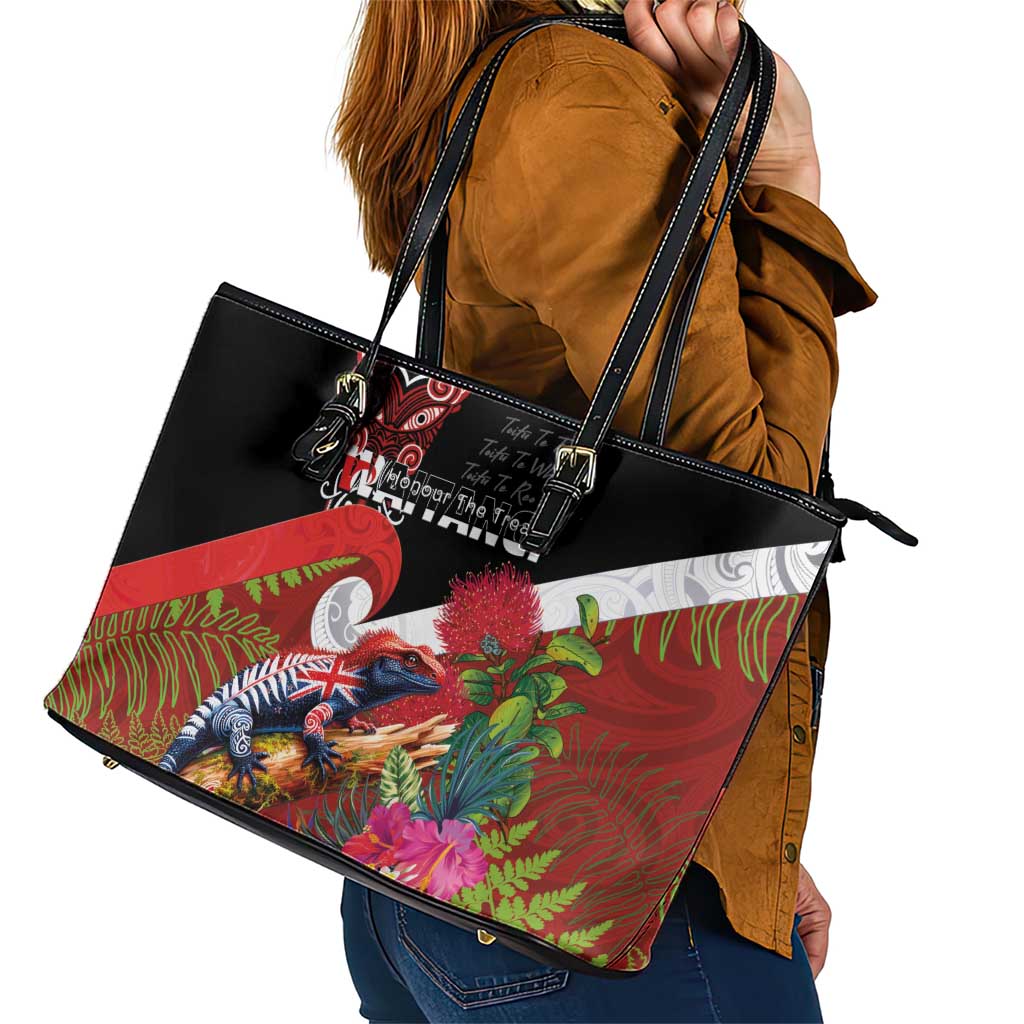 Aotearoa Toitu Te Tiriti Leather Tote Bag Waitangi-Honour The Treaty NZ Tuatara and Plants LT03 - Polynesian Pride