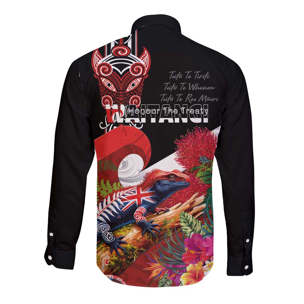Aotearoa Toitu Te Tiriti Long Sleeve Button Shirt Waitangi-Honour The Treaty NZ Tuatara and Plants LT03 - Polynesian Pride
