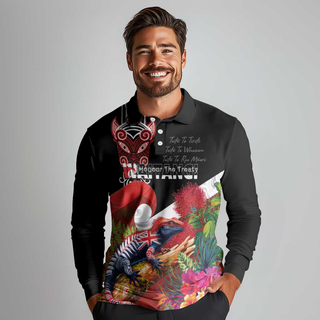 Aotearoa Toitu Te Tiriti Long Sleeve Polo Shirt Waitangi-Honour The Treaty NZ Tuatara and Plants LT03 - Polynesian Pride