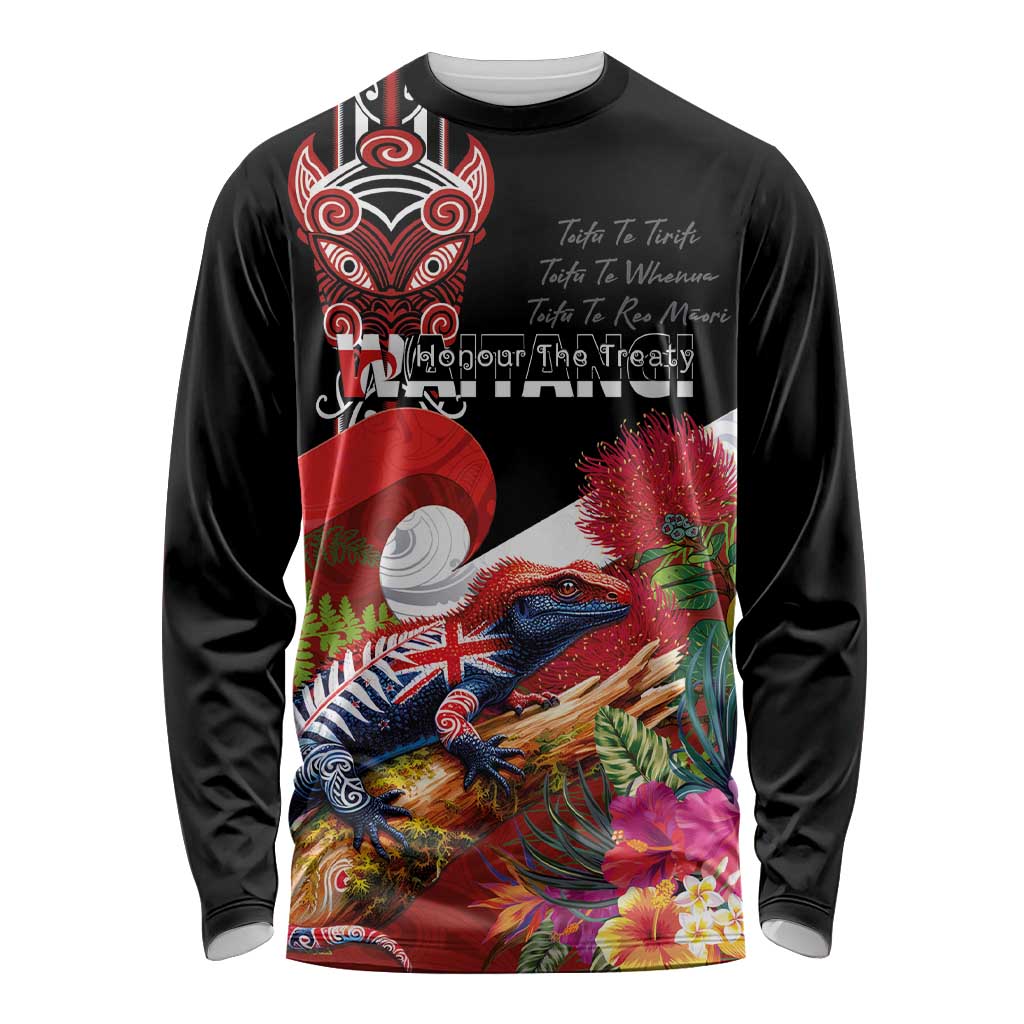 Aotearoa Toitu Te Tiriti Long Sleeve Shirt Waitangi-Honour The Treaty NZ Tuatara and Plants LT03 Unisex Multicolor - Polynesian Pride