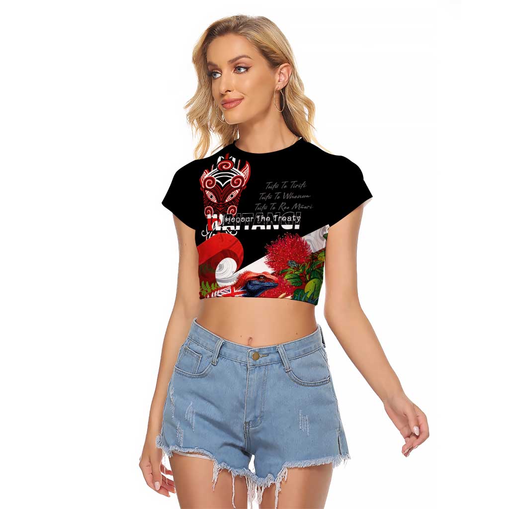 Aotearoa Toitu Te Tiriti Raglan Cropped T Shirt Waitangi-Honour The Treaty NZ Tuatara and Plants