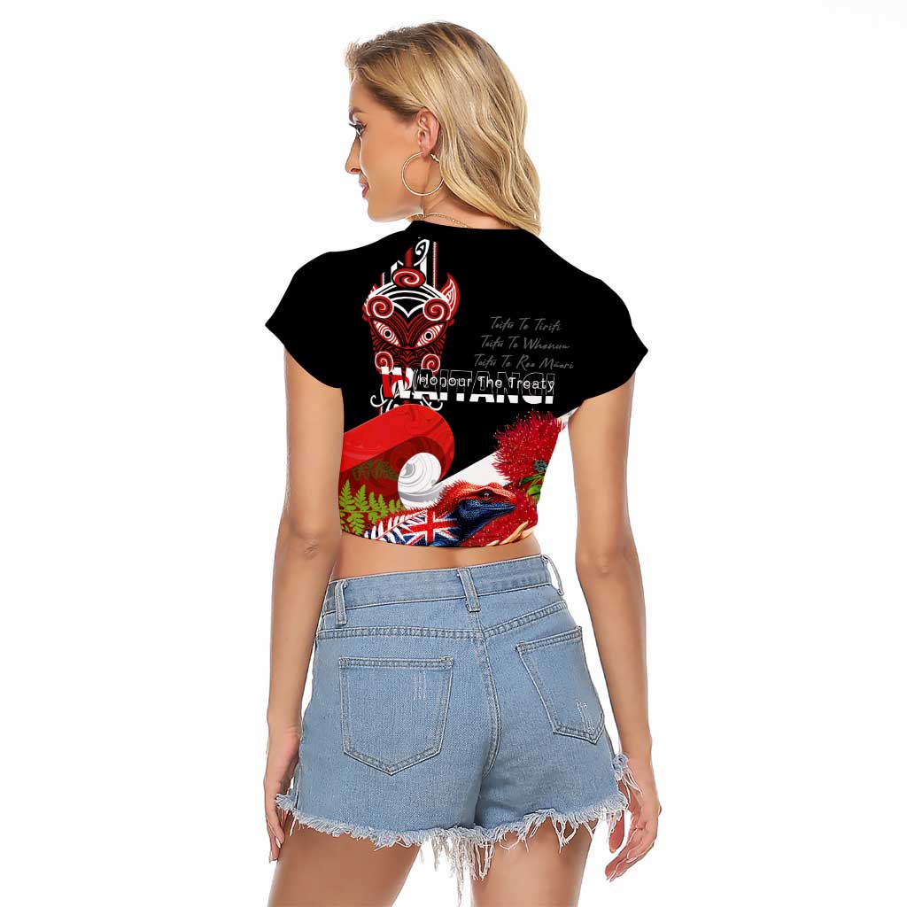 Aotearoa Toitu Te Tiriti Raglan Cropped T Shirt Waitangi-Honour The Treaty NZ Tuatara and Plants LT03 - Polynesian Pride