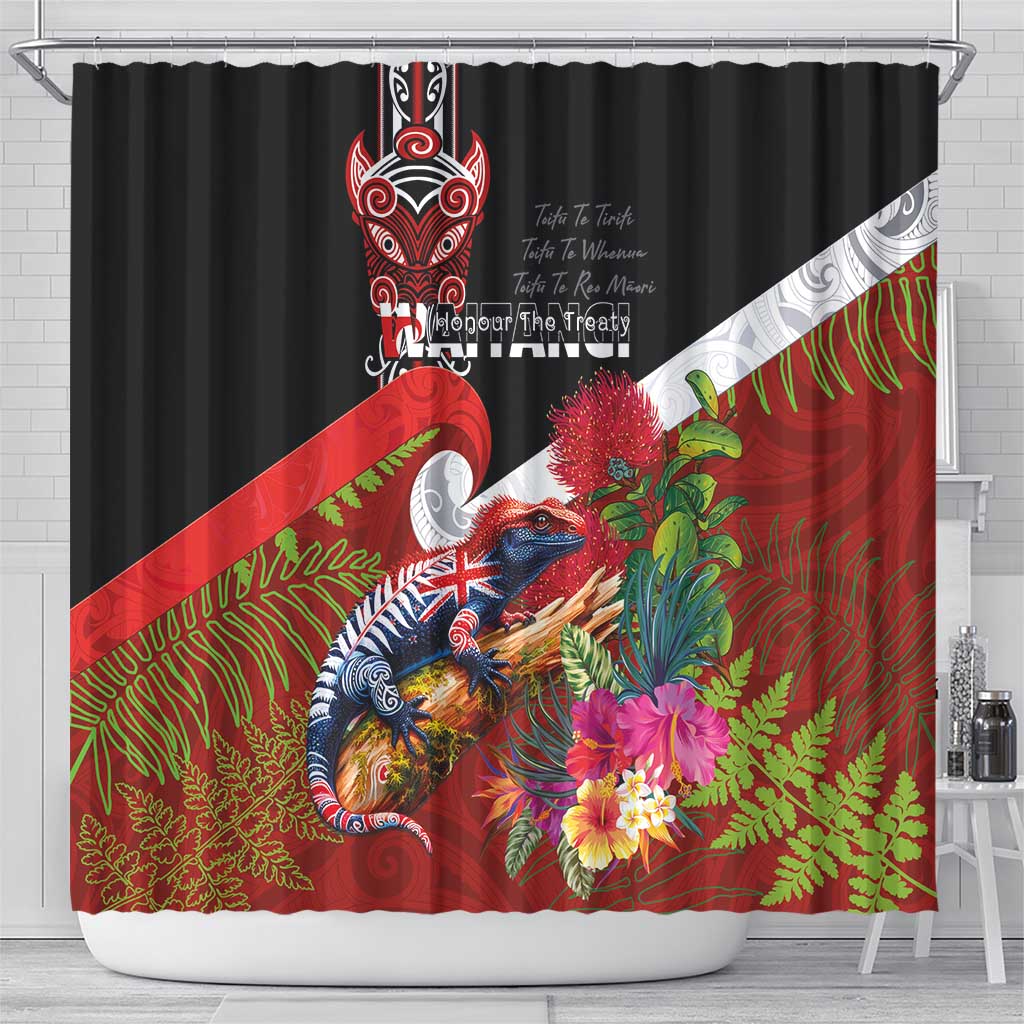 Aotearoa Toitu Te Tiriti Shower Curtain Waitangi-Honour The Treaty NZ Tuatara and Plants LT03 - Polynesian Pride