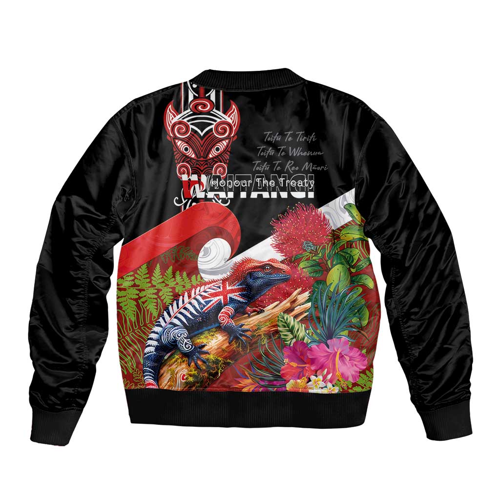 Aotearoa Toitu Te Tiriti Sleeve Zip Bomber Jacket Waitangi-Honour The Treaty NZ Tuatara and Plants LT03 - Polynesian Pride