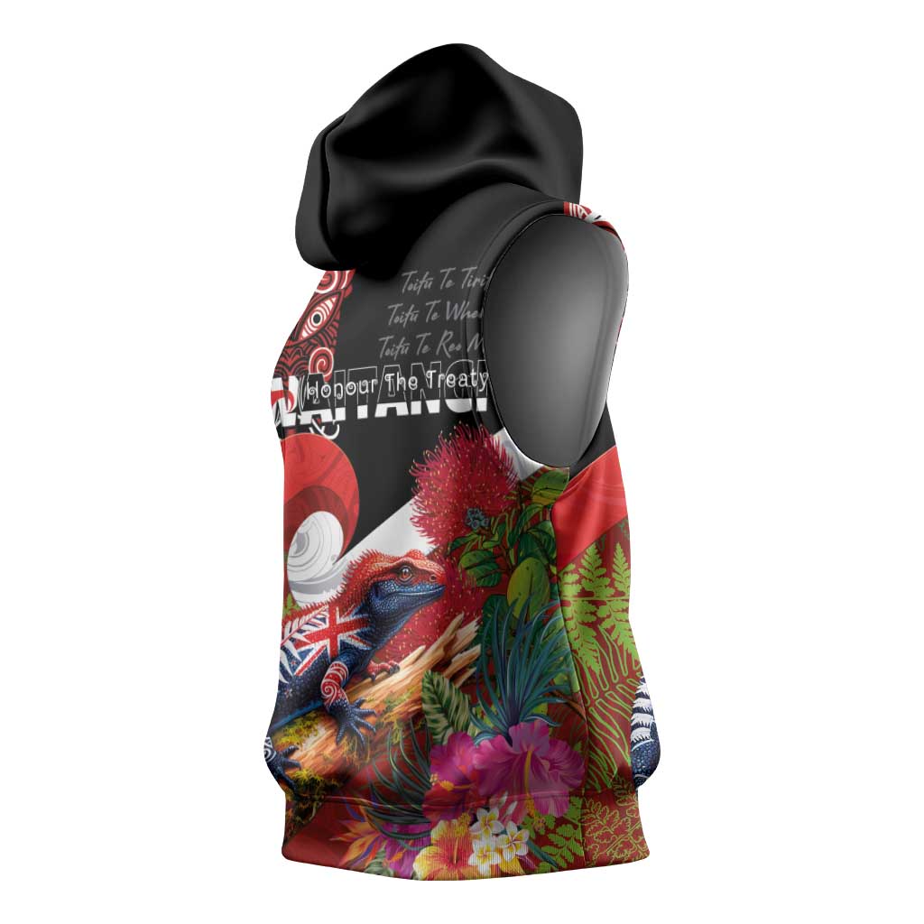Aotearoa Toitu Te Tiriti Sleeveless Hoodie Waitangi-Honour The Treaty NZ Tuatara and Plants LT03 - Polynesian Pride