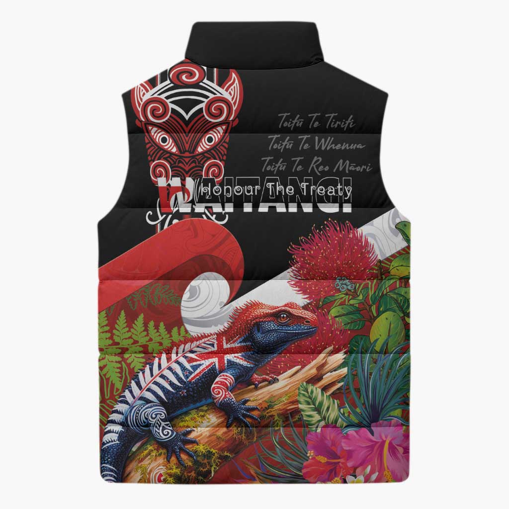Aotearoa Toitu Te Tiriti Sleeveless Puffer Jacket Waitangi-Honour The Treaty NZ Tuatara and Plants LT03 - Polynesian Pride