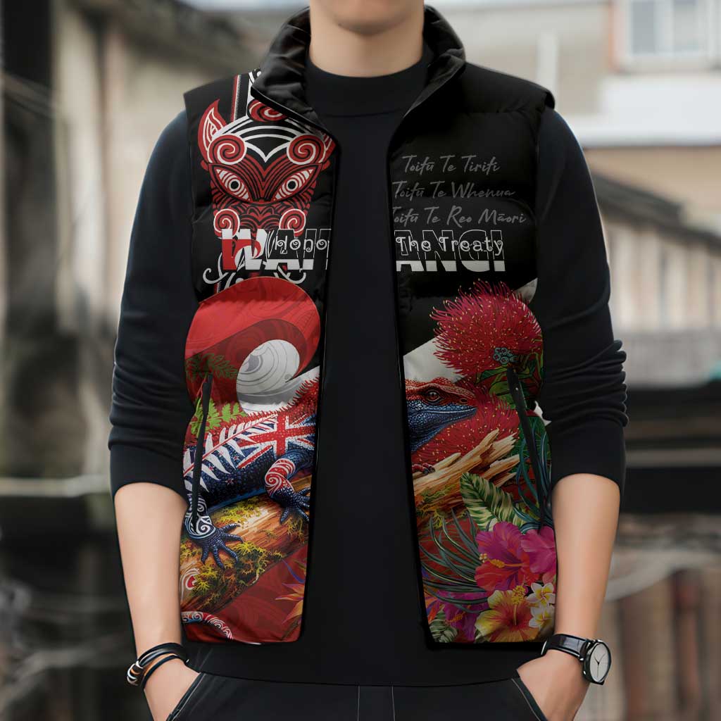Aotearoa Toitu Te Tiriti Sleeveless Puffer Jacket Waitangi-Honour The Treaty NZ Tuatara and Plants LT03 - Polynesian Pride